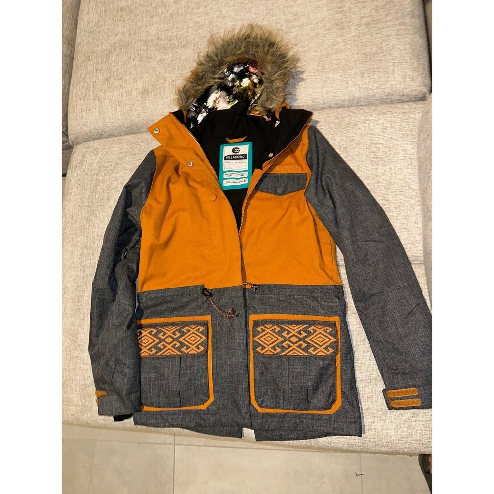 Billabong‎ Ski Jacket Womens Small Orange 10k Waterproof Hooded Aztec Snow Parka